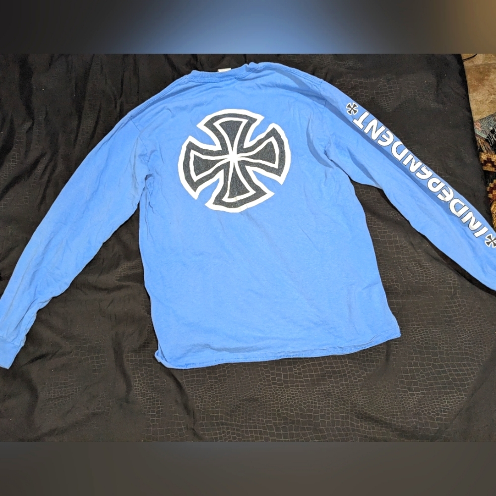 blue, long sleeved shirt